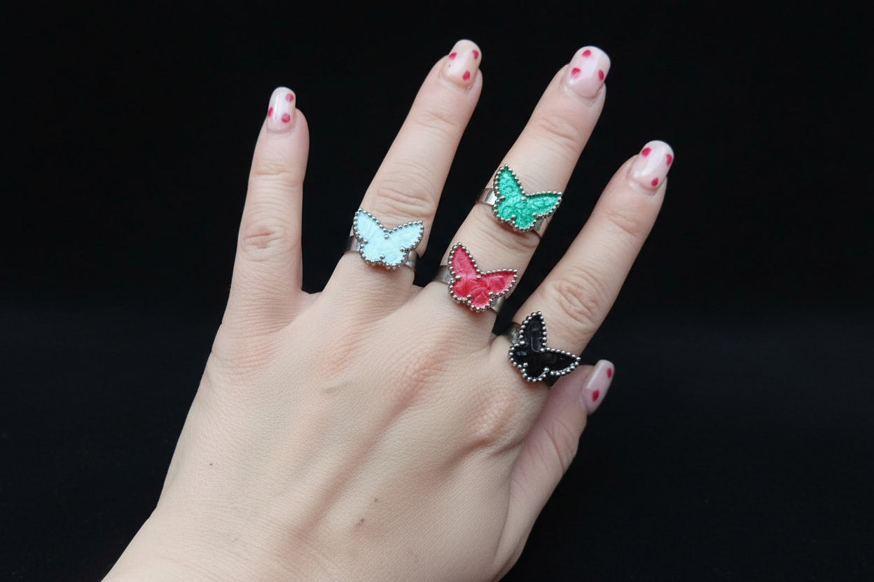 Anello Farfalla Smaltato 🖤 Regolabile in Acciaio Inossidabile