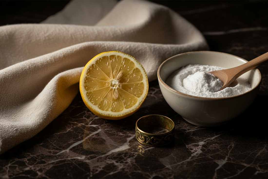 Panno morbido, mezzo limone e bicarbonato accanto a un anello in ottone su superficie in marmo scuro