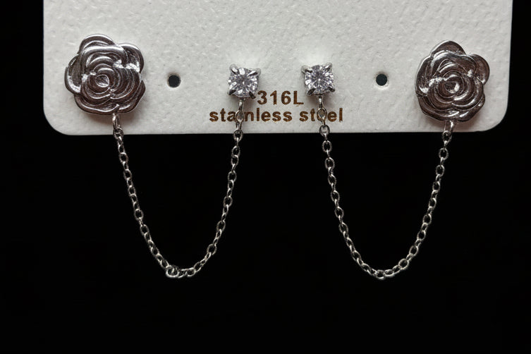 Orecchini Filo di Rosa 🖤 Acciaio Inossidabile con Punto Luce