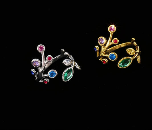 Anello Primavera 🖤 Ramo Botanico con Cristalli Multicolore in Acciaio Inossidabile