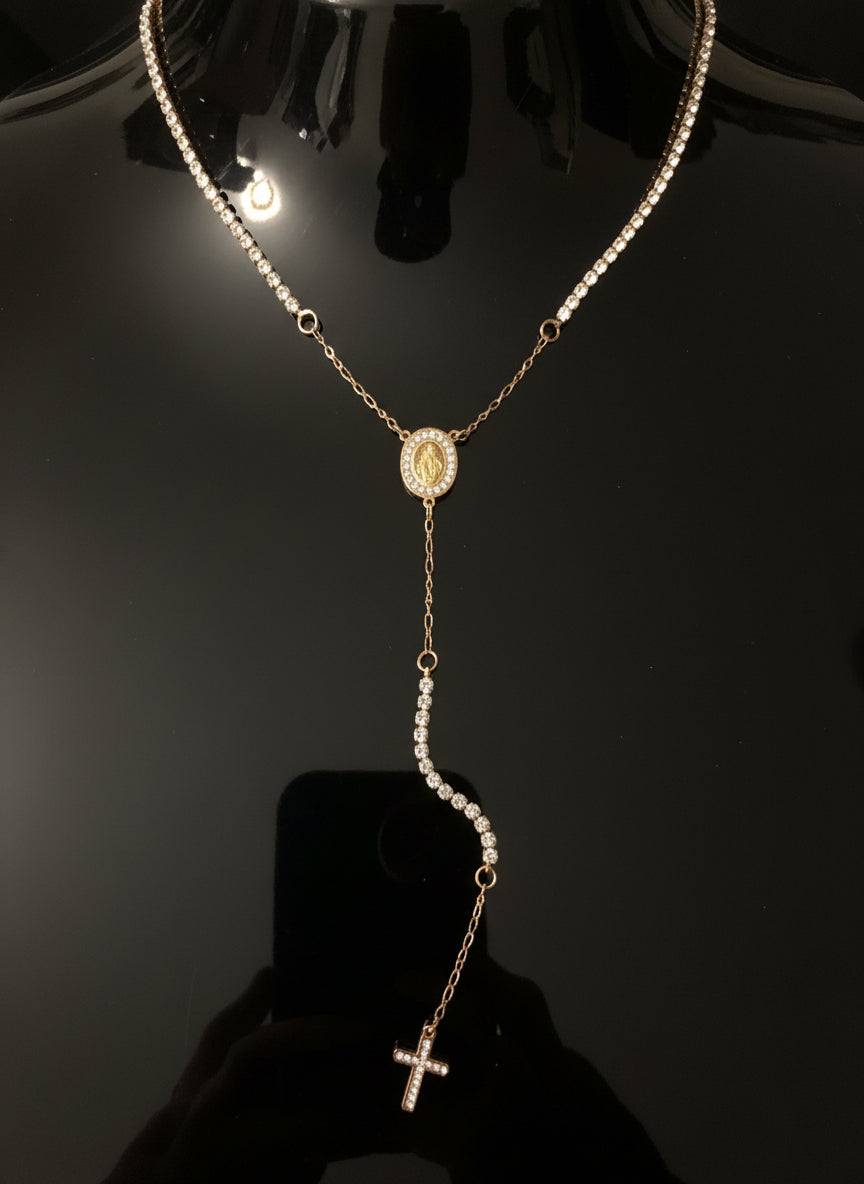 Collana Tennis Rosario 🖤 Bijoux in Acciaio Inossidabile con Croce e Medaglietta