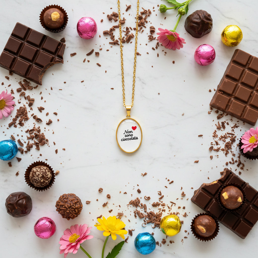 Collana Non Sono Cioccolata 🖤 Ciondolo Ovale con Frase