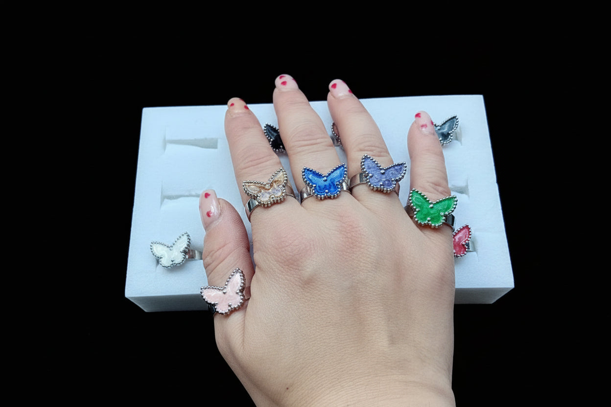Anello Farfalla Smaltato 🖤 Regolabile in Acciaio Inossidabile